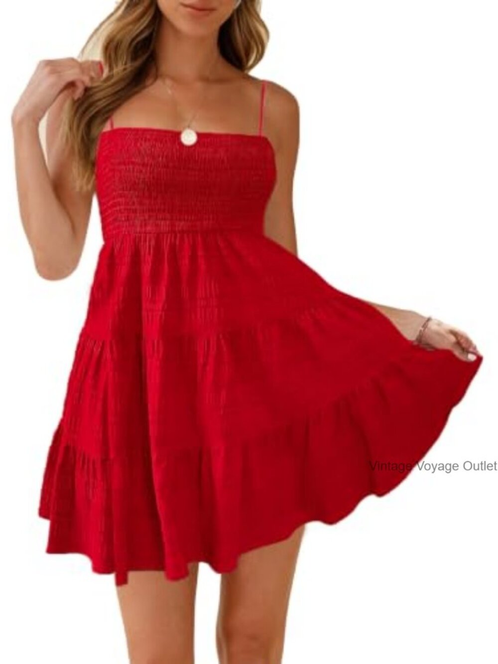 100% Polyester Sleeveless Smock Cami Mini Dress Ruffle Hem Summer Sundress